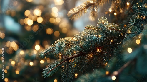 Fir tree branch with warm glowing holiday lights creating magical winter festive atmosphere