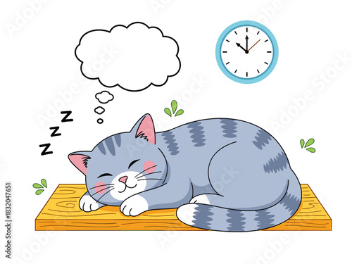 Peaceful cartoon gray striped cat sleeping deeply, with thought bubble and wall clock