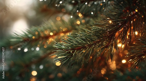 Golden glowing pine needles with warm seasonal bokeh lights in stylish natural background
