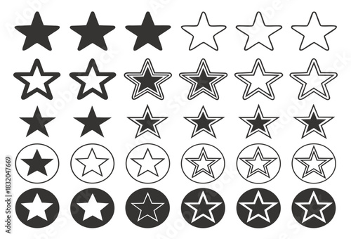 A versatile collection of eight different star shapes, presented as vector icons. This set includes standard five-pointed stars (filled, rounded, and outlined versions), as well as variations of six