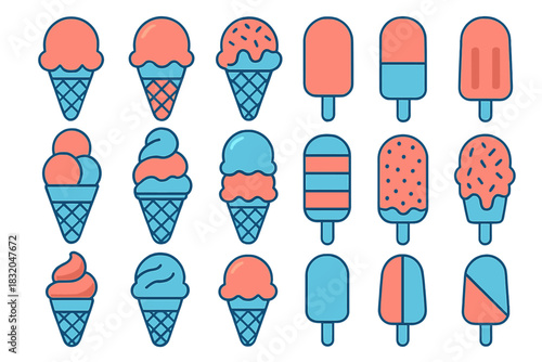 Colorful collection of ice cream cones and popsicles on a simple background featuring various flavors and styles