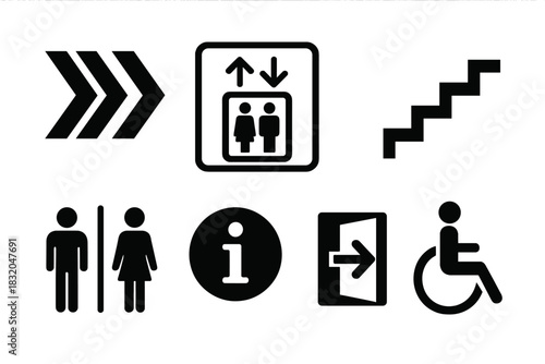 Signage showing elevators, stairs, and restroom options in a public building for accessibility and direction