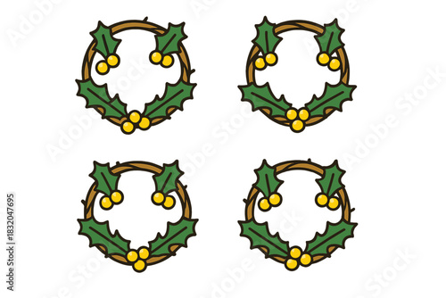 Decorative holiday wreaths with holly leaves and yellow berries for festive seasonal celebrations