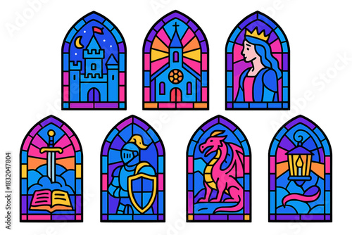 Stained glass artwork depicting fantasy scenes including knights, dragons, and castles in colorful designs