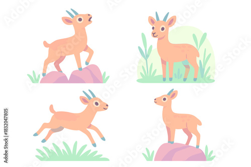 Cute goats in various playful poses, exploring a sunny meadow with rocks and greenery around them