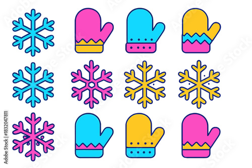 Colorful winter mittens and snowflakes create a festive pattern celebrating the charm of the snowy season