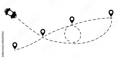 Car travel route, car travel path icon. a car path in the form of a dotted line with a map pin icon, ideal for navigation apps, GPS interface designs, location tracking visuals