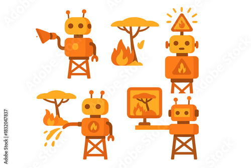Robot firefighters tackling wildfires in a colorful, cartoon-like forest