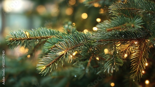 Dense pine needles with golden fairy lights for elegant commercial and nature-based visual themes