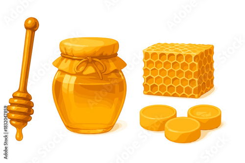 Sweet honey jar, honeycomb, and honey dipper displayed together on a plain background