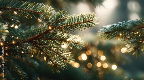Sharp-focus pine needles with warm fairy lights creating natural abstract festive background