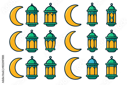 Celestial lanterns and crescent moons create a festive pattern for a cultural celebration