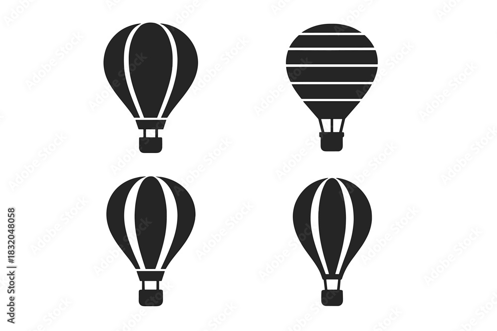 Naklejka premium Four unique hot air balloon designs featuring different styles and patterns suitable for graphic projects or illustrations
