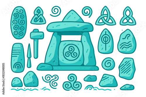 Engaging set of ancient stone carvings representing Celtic symbols and artifacts in vibrant turquoise colors