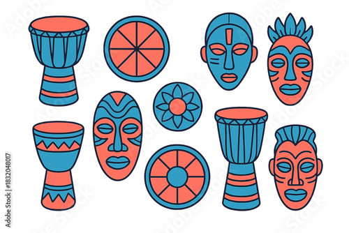 Colorful tribal masks and drums represent cultural art traditions from various African regions in a vibrant display
