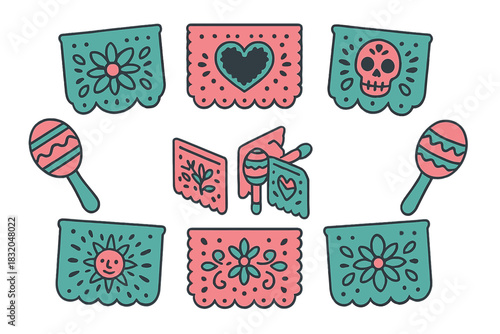 Colorful papel picado and maracas create a festive atmosphere for a vibrant celebration in a cultural event