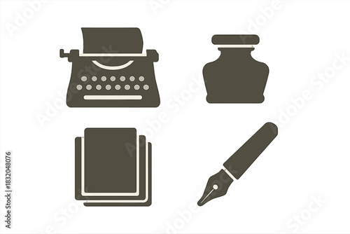 Vintage writing tools including a typewriter, ink bottle, paper sheets, and a fountain pen arranged neatly in a creative setup
