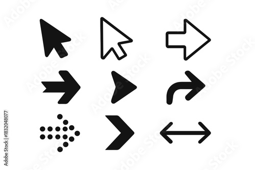 Various black arrow icons in different styles arranged on a white background highlighting directional indicators and symbols for digital use