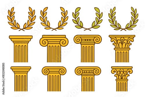 Decorative columns and laurel wreaths design elements in classic style suitable for various artistic projects