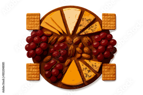 Cheese and snack platter with grapes, nuts, and crackers arranged on a wooden board for a casual gathering