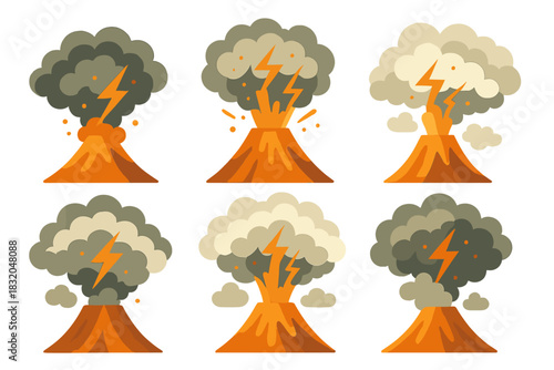 Colorful cartoon illustrations of volcanic eruptions with lightning and ash clouds