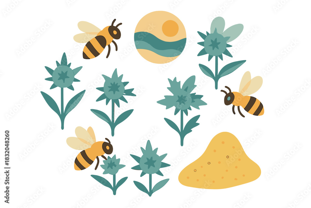 Naklejka premium Colorful illustration of bees pollinating flowers in a sunny garden with a sandy area