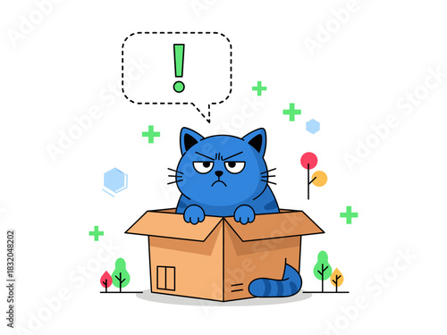 Grumpy blue cat in cardboard box with exclamation mark, error or problem concept