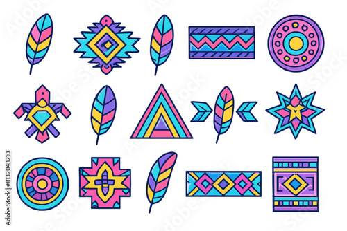 Colorful geometric patterns and feathers in vibrant design suitable for crafts and art