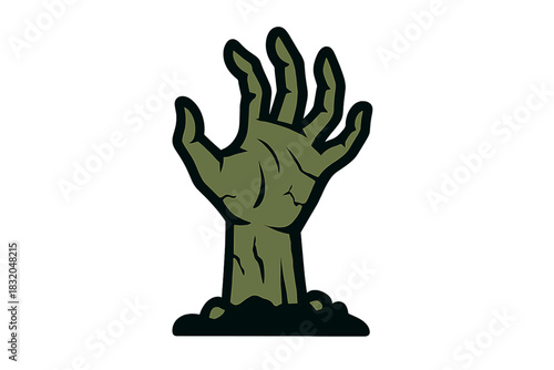 Creepy zombie hand emerging from the ground in a spooky setting during Halloween night