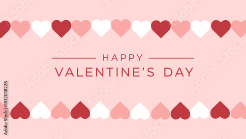 A pink background with rows of red, pink, and white hearts, featuring "HAPPY VALENTINE'S DAY" text in the center, perfect for a romantic greeting card or banner.