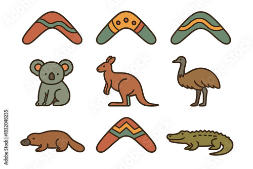 Australian wildlife and traditional boomerangs illustrated in a colorful and playful design
