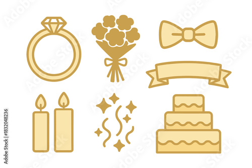 Decorative wedding symbols showcasing love, celebration, and unity in a simple layout with gold outlines