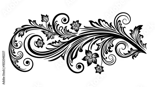 An elegant black and white floral scroll ornament with swirling vines, leaves, and flowers on a plain background.