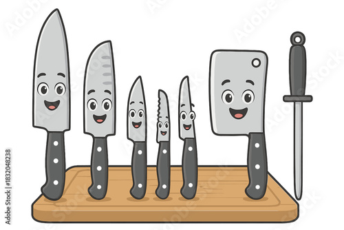 Fun cartoon kitchen knives with faces on a wooden cutting board bring joy to cooking