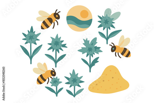 Colorful illustration of bees pollinating flowers in a sunny garden with a sandy area