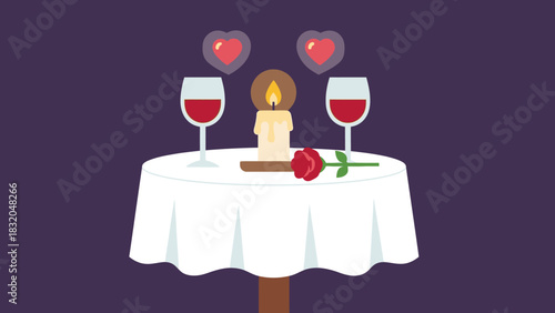 A romantic dinner setting with wine glasses, a lit candle, a red rose, and floating hearts on a table.