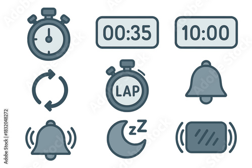 Stopwatch and timer icons for tracking time intervals and alerts in various activities and tasks