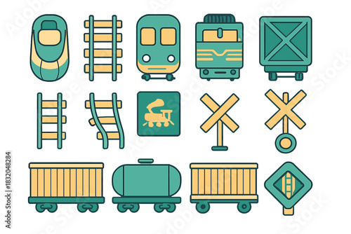 Train and railway icons showcasing different elements like cars, tracks, and signals in a simple, colorful design