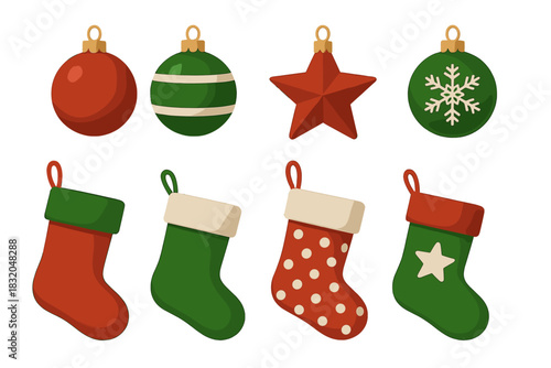 Colorful Christmas ornaments and stockings displayed in festive arrangement for holiday celebration