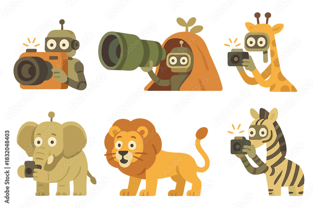 Naklejka premium Colorful cartoon animals taking pictures in a playful forest setting with various cameras during a sunny day