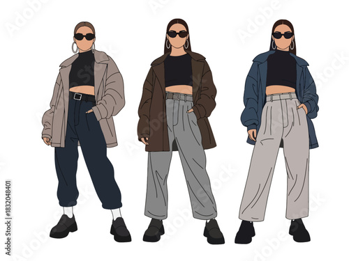 Flat vector collection of fashionable stylish women in streetwear outfits and relaxed poses, perfect for modern fashion design, editorial content, and trendy youth visuals