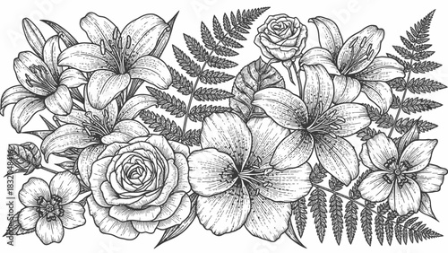 Black and white illustration of various flowers and ferns arranged in a decorative composition.