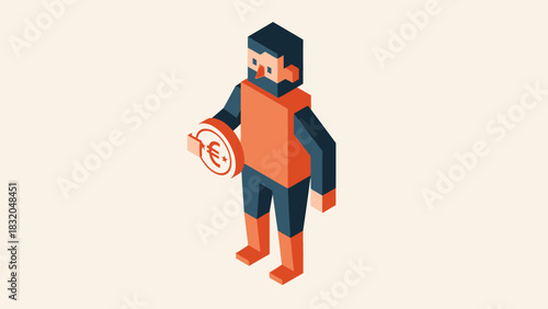Isometric illustration of a man holding a coin with a return arrow symbol, representing financial return or investment.