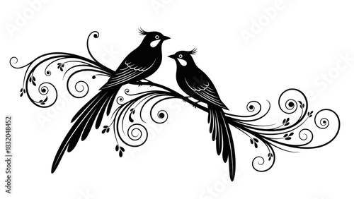 Two elegant black birds with long flowing tails perched on a decorative swirling branch with intricate floral and leaf patterns, a beautiful illustration.