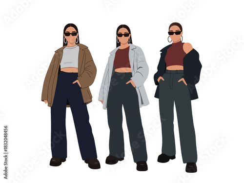Flat vector collection of fashionable stylish women in streetwear outfits and relaxed poses, perfect for modern fashion design, editorial content, and trendy youth visuals