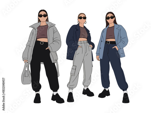 Flat vector collection of fashionable stylish women in streetwear outfits and relaxed poses, perfect for modern fashion design, editorial content, and trendy youth visuals