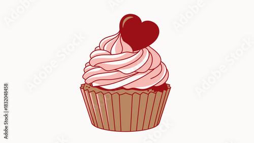 An illustrated cupcake with pink swirled frosting and a red heart decoration on a white background.