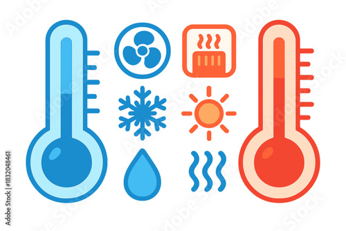 Visual representation of temperature concepts with thermometers and weather symbols in vibrant colors