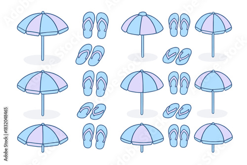 Colorful beach umbrellas and flip flops arranged in a playful pattern for summer vibes