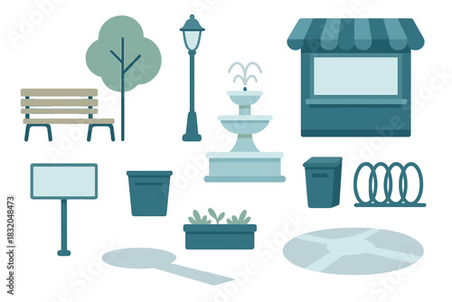 Park scene featuring benches, a fountain, and decorative elements for a quiet urban space